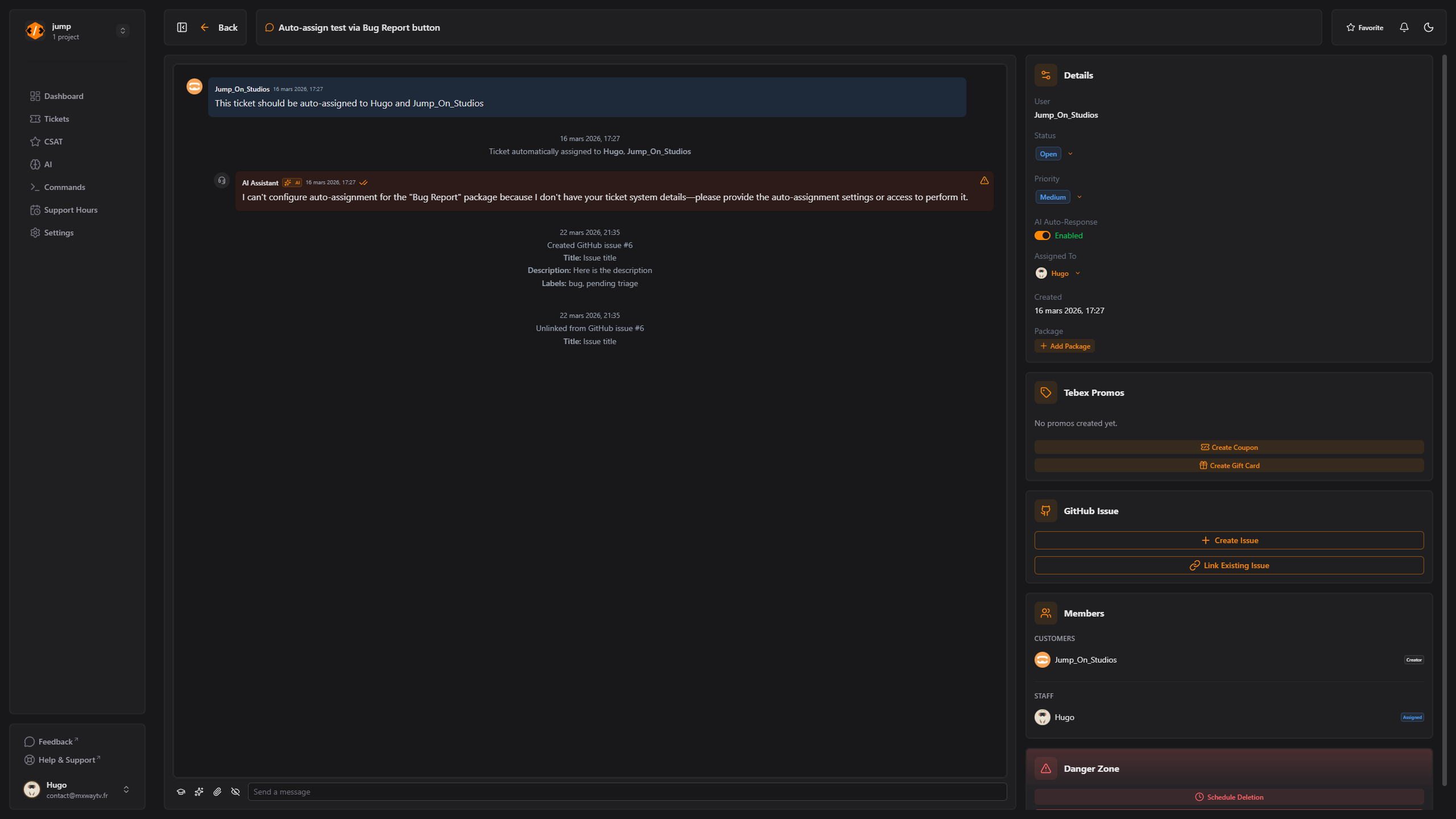 Joely ticket with automatic Tebex purchase verification, AI assistant and GitHub issue linking