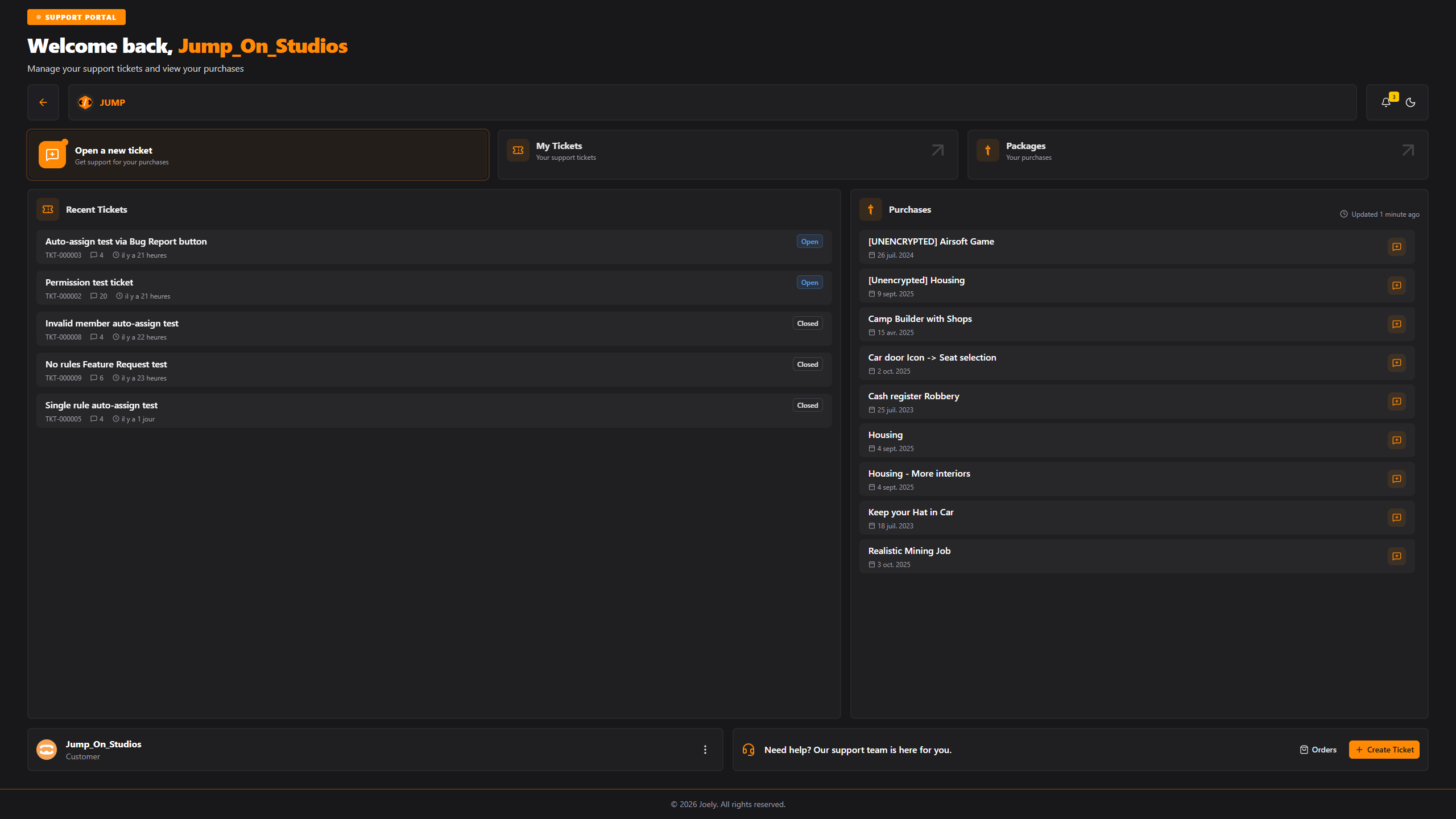 Branded Joely customer support portal home page for a FiveM store
