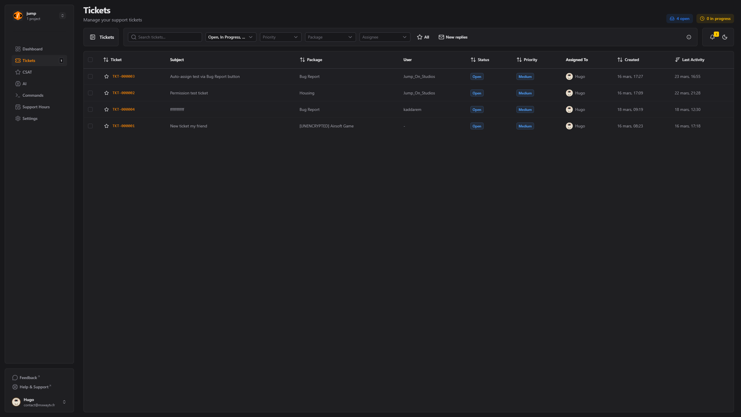 Joely ticket support dashboard for FiveM and RedM stores showing statuses, priorities and filters